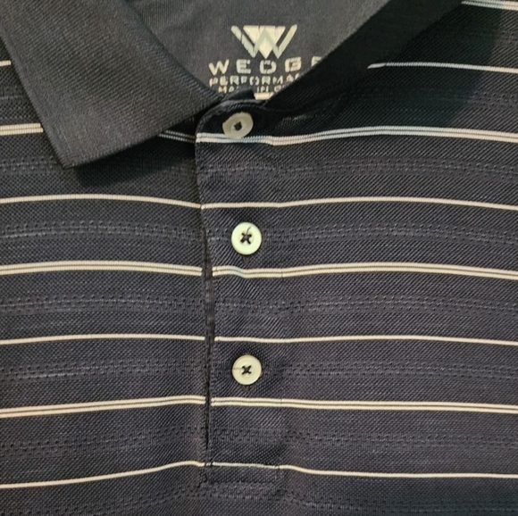 Navy Striped Pique Men's Collared Polo 3 top‎ buttons. Large - Picture 9 of 10
